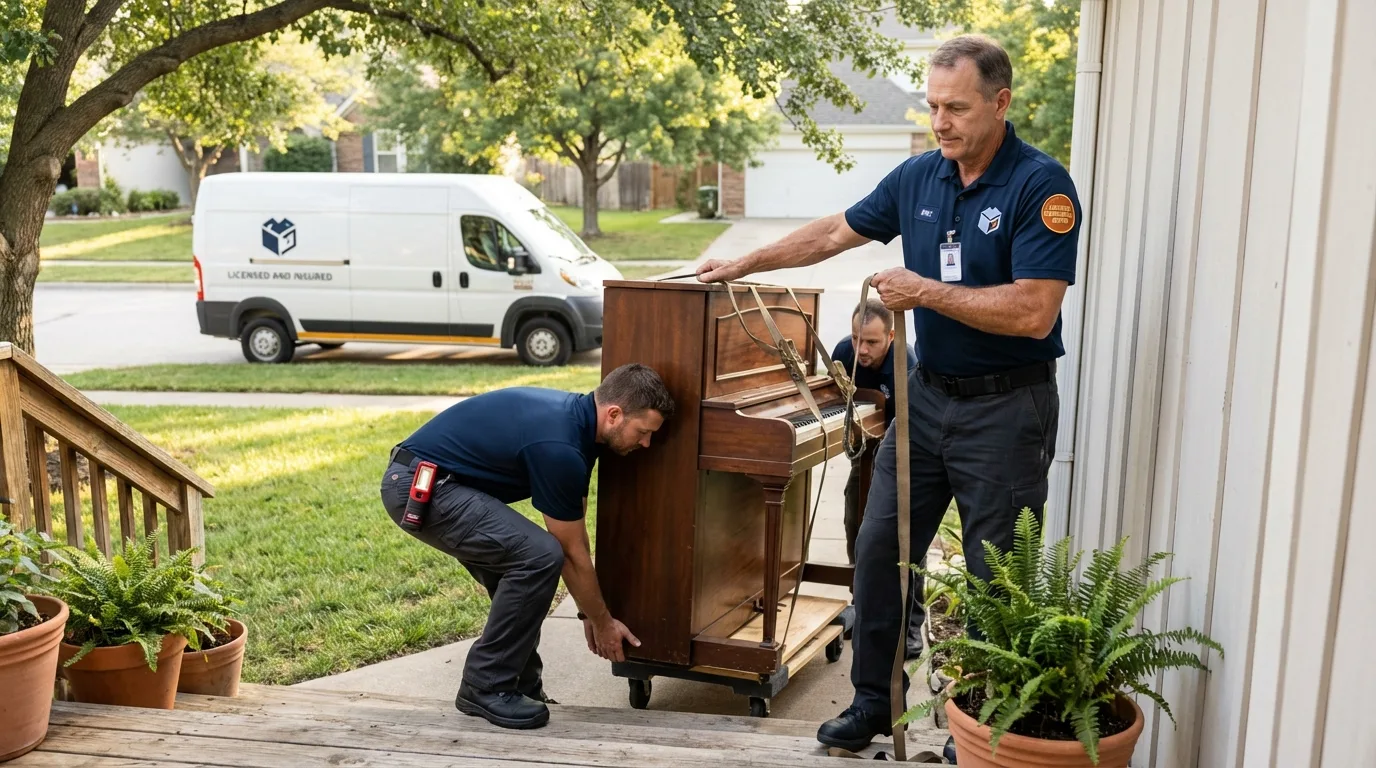 Licensed piano movers securing grand piano in Kelso, WA