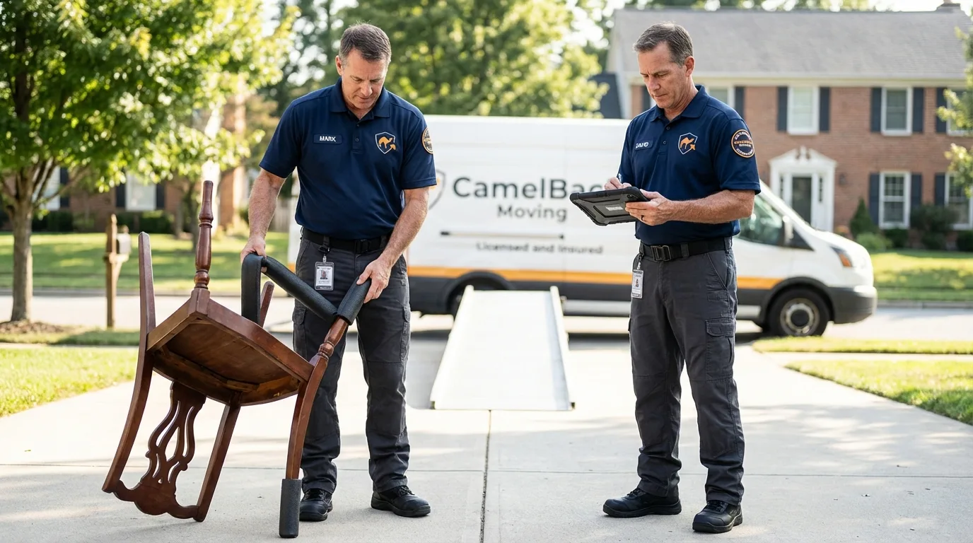 Movers inspecting furniture for damage prevention before loading in Kelso, WA