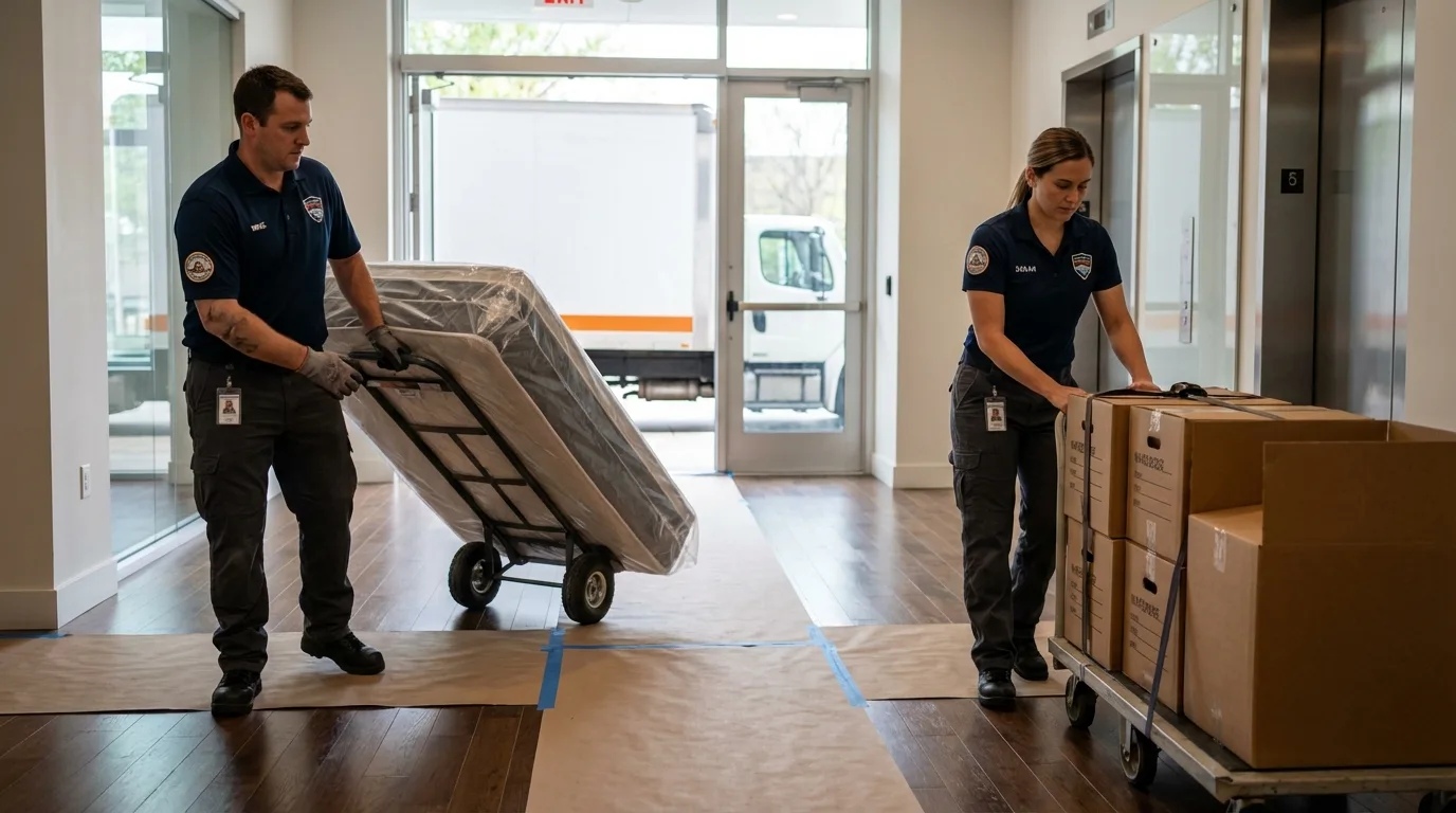 Professional apartment movers loading elevator in Kelso, WA